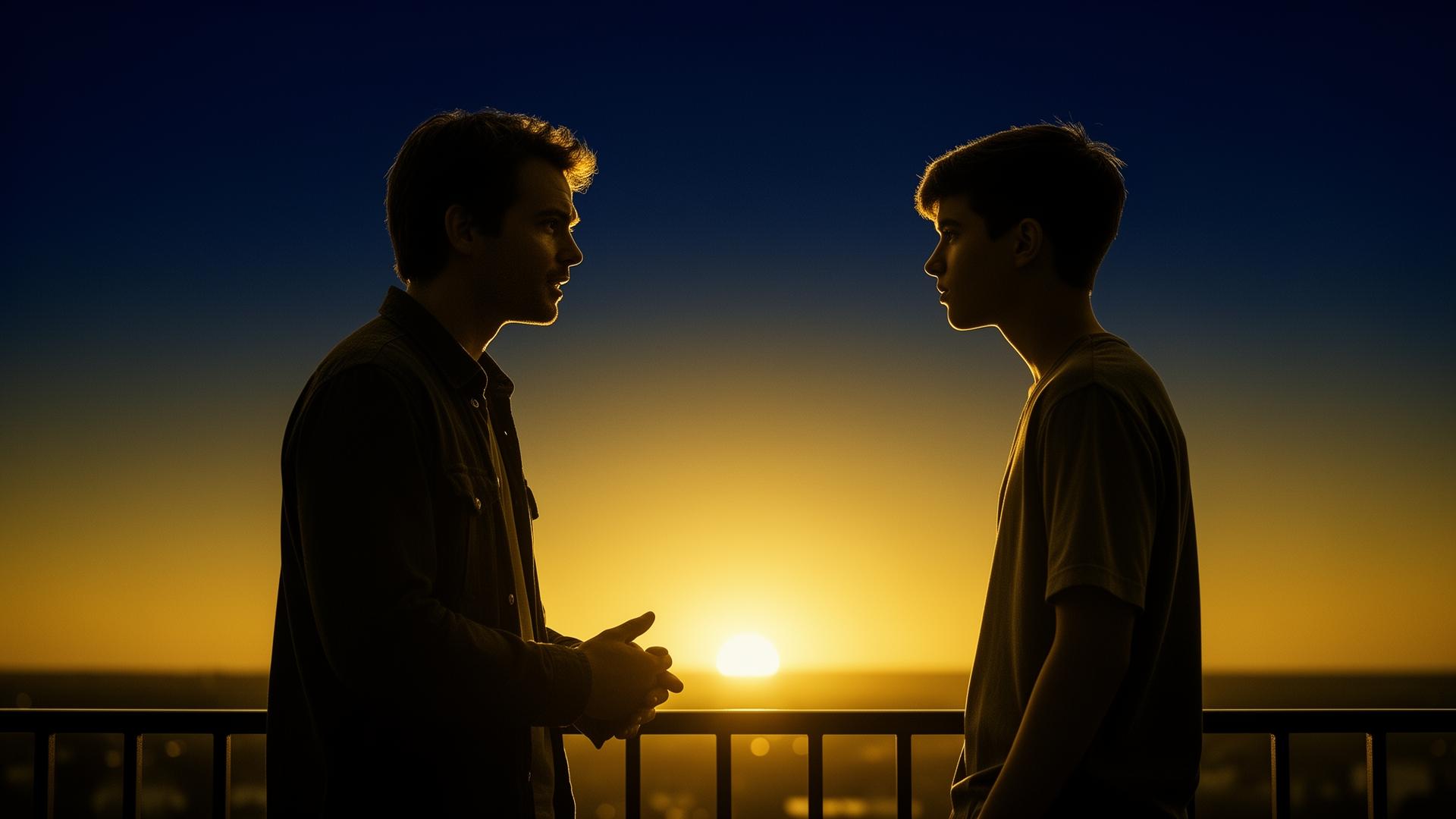 Pai e filho conversando ao pôr do sol